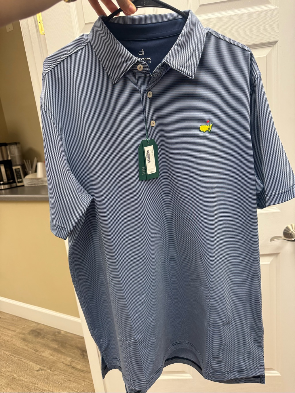 Masters Navy Blue With White Stripes Mens Polo With Embroidered Logo Masters Navy Blue With White Stripes Mens Polo With Embroidered Logo
